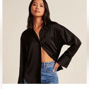 Abercrombie Black Oversized Satin Button-Up Shirt